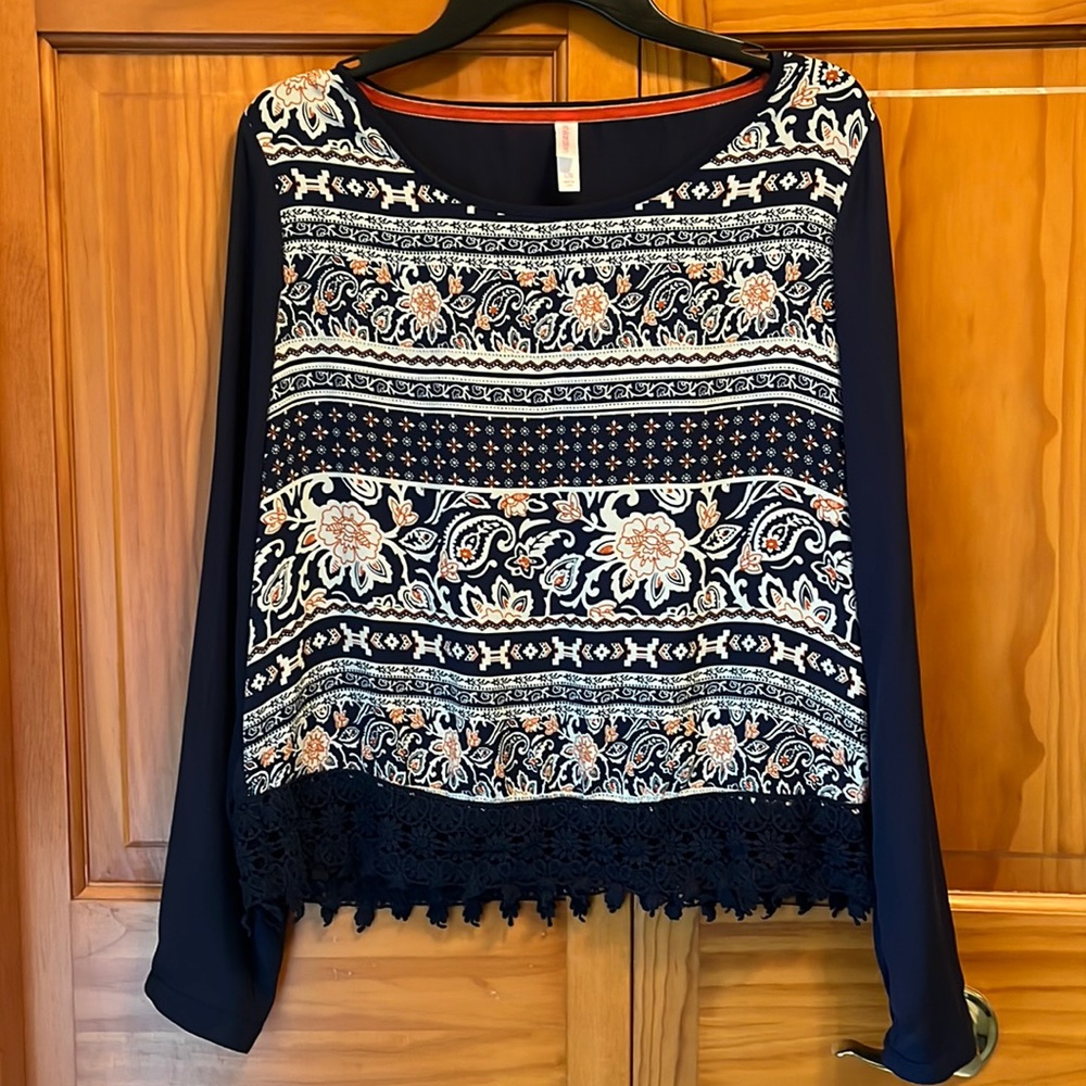 Navy and Orange Patterned Long Sleeved Blouse